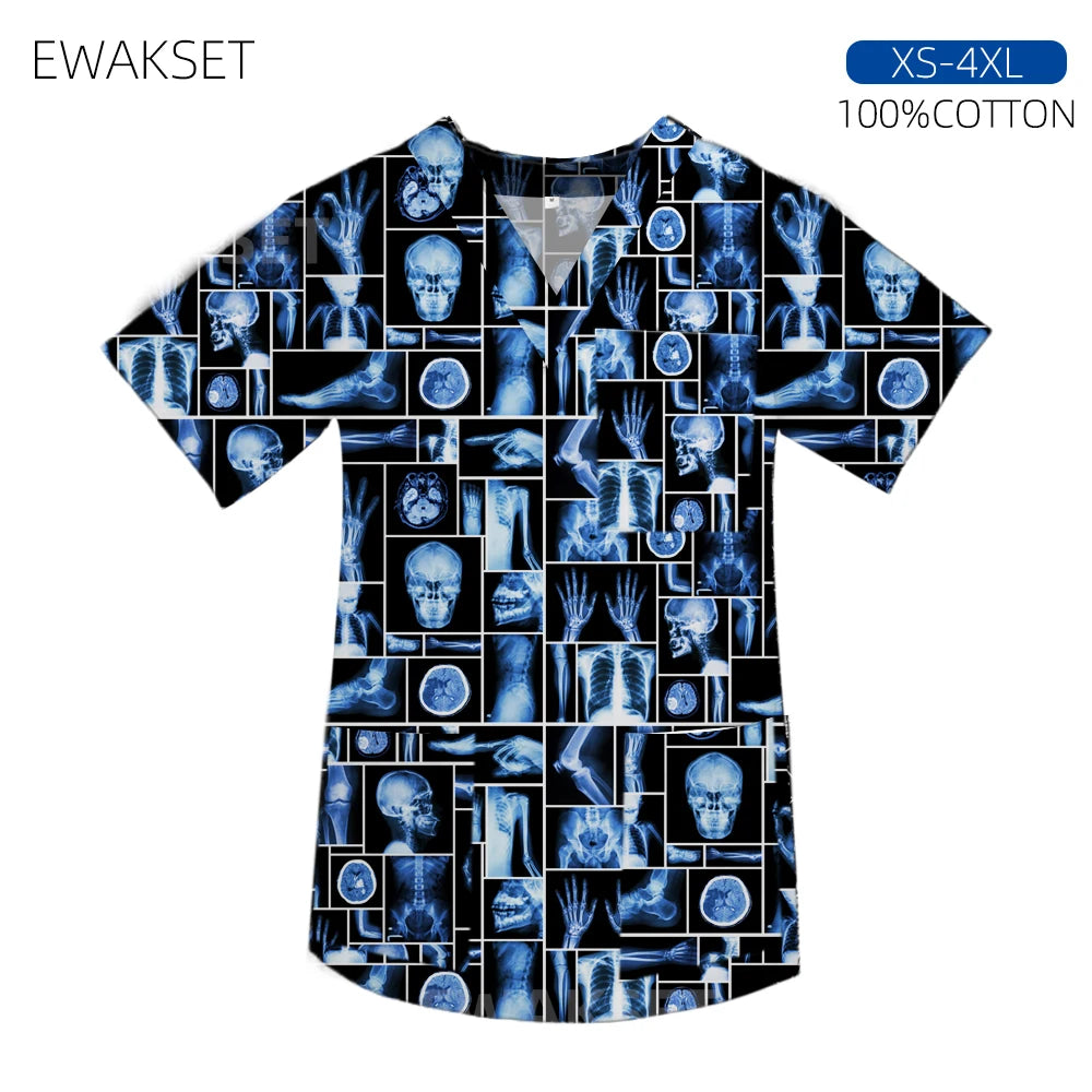 Women men Cartoon X-ray Surgical Tops pure Cotton Short Sleeve Medical Uniform Hospital Clinic Scrubs Blouse orthopedics Clothes