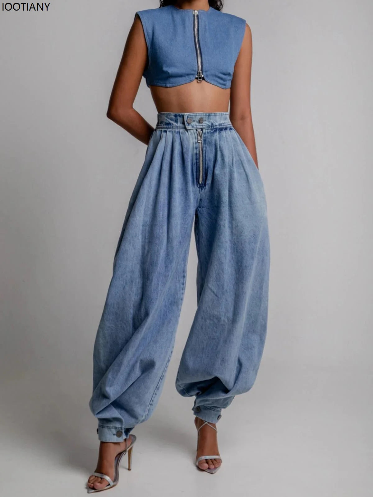 IOOTIANY Women's Spring High Waist Zipper Denim Loose Harem Pants Jeans Women's Retro Bloomers Ladies Casual Workwear Jeans 2025