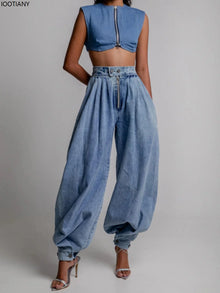 IOOTIANY Women's Spring High Waist Zipper Denim Loose Harem Pants Jeans Women's Retro Bloomers Ladies Casual Workwear Jeans 2025