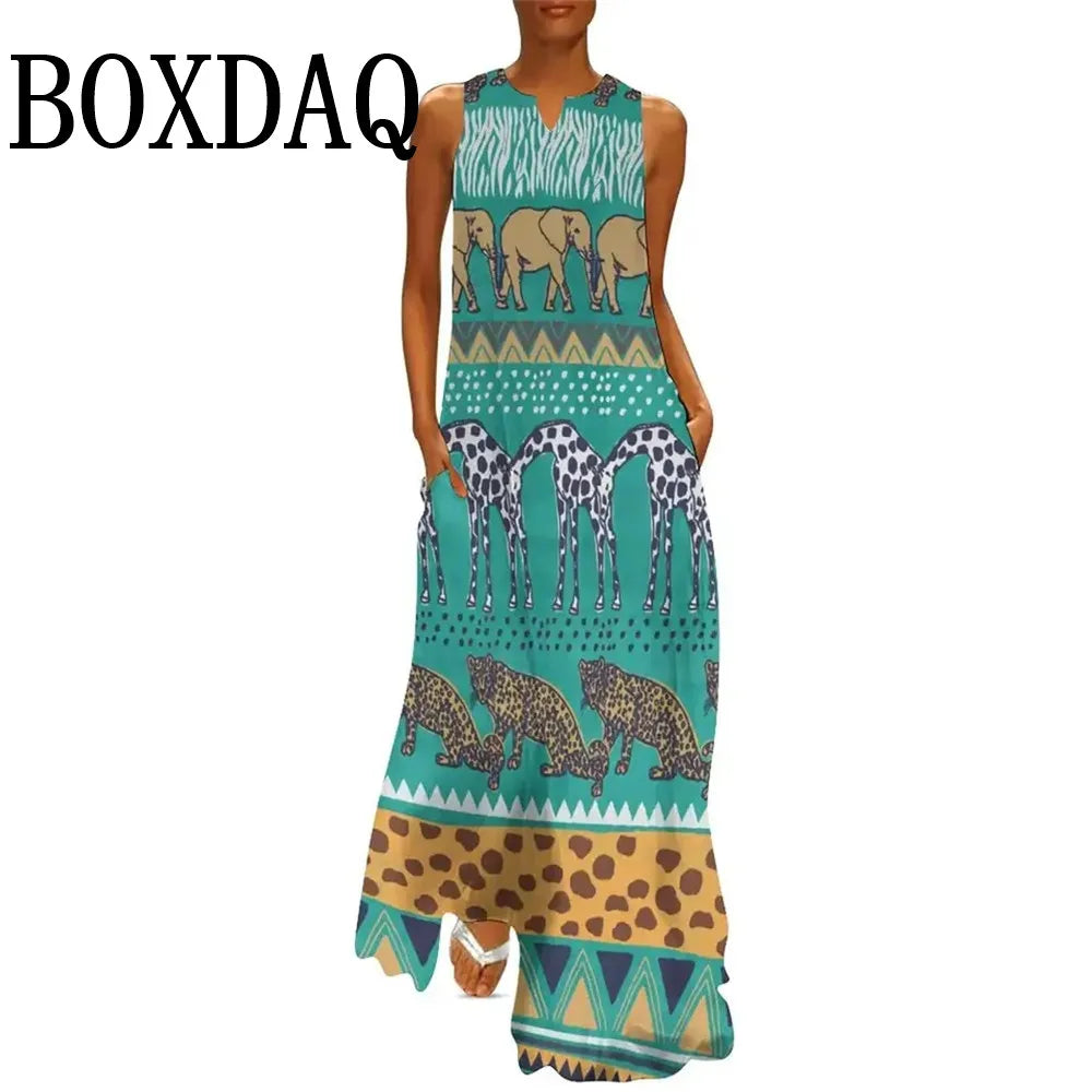 Summer Women Leopard Graphic Print Dress Fashion Elegant Casual V-Neck Sleeveless Tank Long Dresses Ladies Sexy Loose Maxi Dress
