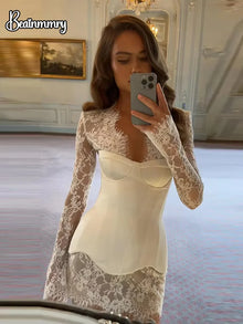 Sexy Lace Patchwork Mini Dress Women V Neck Bodycon