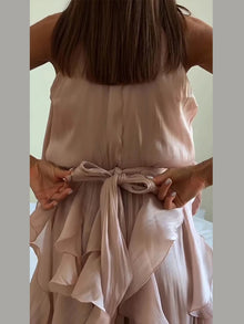 Sexy Cascading Ruffle Pleated Women Long Dress Fashion Lace Up Sleeveless Empire Female Dresses 2026 Spring Summer Lady Robe