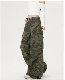 Women's Green Camouflage Workwear Pants Jeans Y2K American High Street Harajuku Loose Wide Leg Long Jeans Casual Clothing 2026