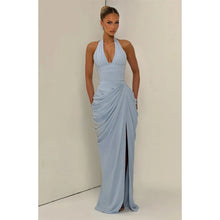 Sexy Solid Pleated Halter Dress Women Fashion Sleeveless Backless Waist-cinching Split Maxi Dresses 2026 Summer Lady Party Gowns