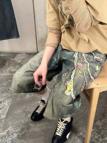 3D Candy Chain Print Baggy Jeans Shorts for Men Streetwear Summer Wide Leg Patchwork Casual Loose Knee Length Pants Oversized