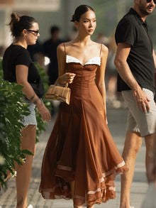 Spaghetti Strap Chiffon Lace Trim Flared Dress Sleeveless Waist Cinched 2026 Summer Formal Women Gown Chic Causal Lady Vestido
