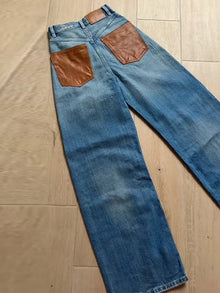Women Jeans High Waist Pants Wide Leg Jean Contrast Brown Leather Patch Pockets Fit Casual Denim Trousers Spring Woman Clothes