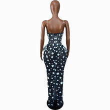 black flower Full Diamond Strap Wrap Hip Back Split Long Dress Birthday Celebration Party Dress Photoshoot Prom  Dress
