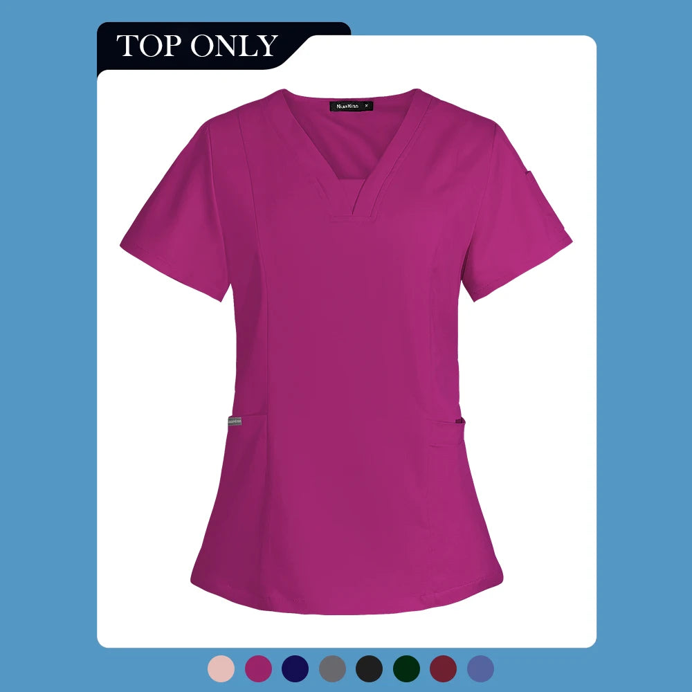 V-neck Short Sleeved Top Fashion Nurse Uniform Dentist Veterinary Work Uniform Unisex Healthcare Nurse Clothing Scrun Women Mens