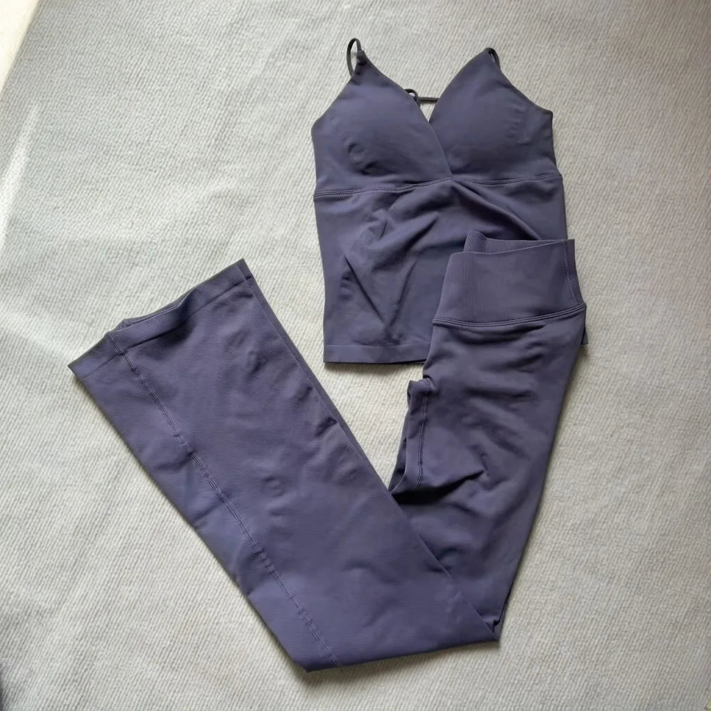 NO LOGO 2 Pieces Flared Legging Set Women Twist Front Sports vest Top Wide Leg Yoga Pants Seamless Yoga Set Tracksuits Workout