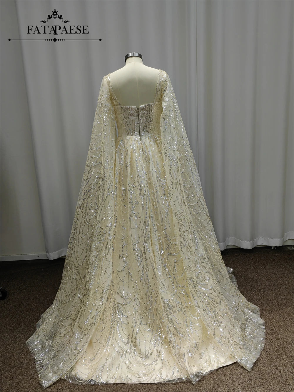 FATAPAESE Luxury Beads Sequins Cape Evening Dresses Champagne A Line Tulle Wedding Guest Dress for Arabic Dubai Saudi