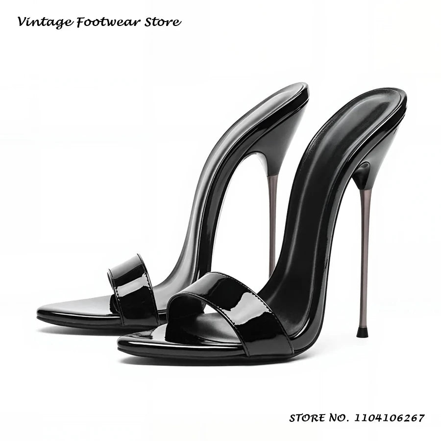 Black Patent Leather Metal Stiletto Mules 16cm Pointed Open Toe Thin Heels Plus Size Shoes Women's Summer Pull On Party Slippers