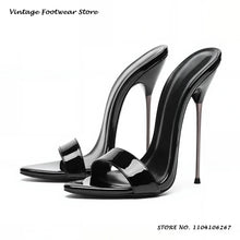 Black Patent Leather Metal Stiletto Mules 16cm Pointed Open Toe Thin Heels Plus Size Shoes Women's Summer Pull On Party Slippers