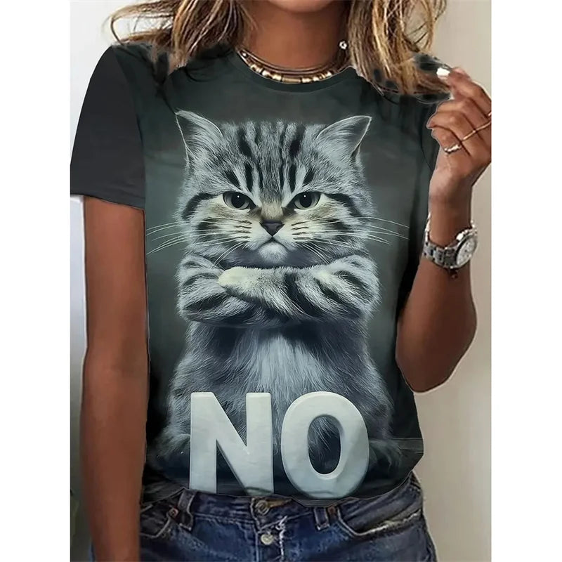 Funny Cat Pattern T Shirt For Women Cute Pet Animal 3D Tee