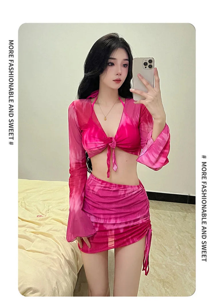 Pure Desire Women's Bikini Swimsuit Set Conservative Slimming Small Chest Gathered Holiday Swimwear Four-Piece Ensemble