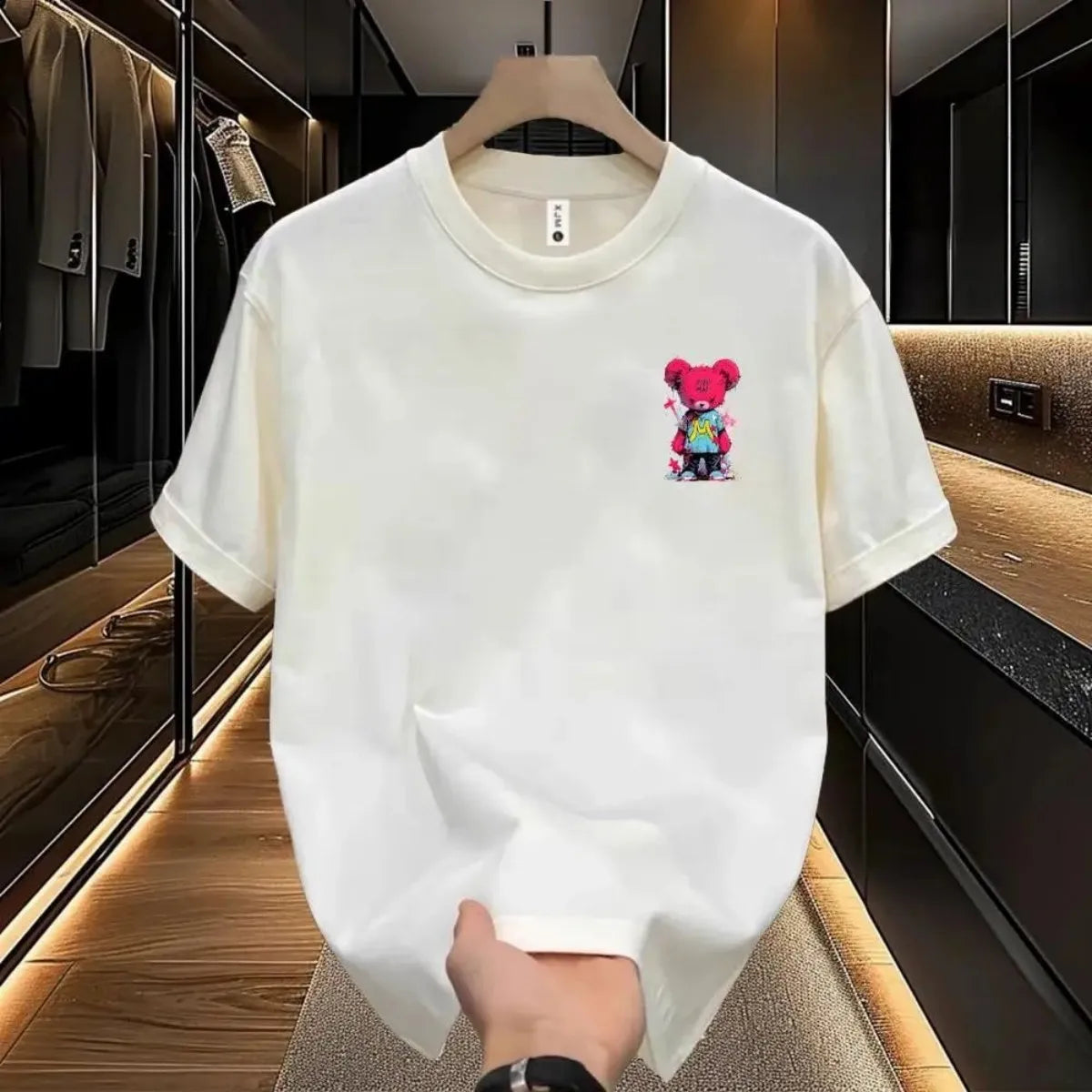 2025 Summer Men's Breathable Round Neck T-shirt Cartoon Bear Pattern Outdoor Polyester Casual Top