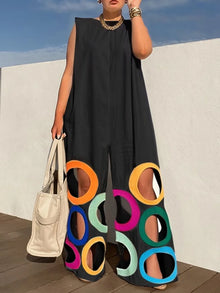 Uoozee 2026 New Women's Sleeveless Wide Leg Jumpsuit Fashion Colorful Circle Cutout BLoose Casual Vacation Black White Romper