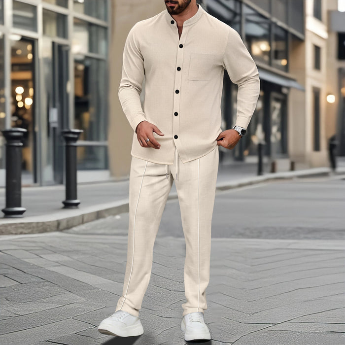 Chemise gaufrée pour homme, chemise tendance à col montant boutonné et pantalon, ensemble 1 ou 2 pièces, confortable, respirant et décontracté