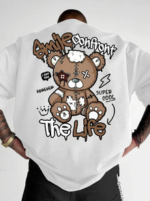 Summer new men's fashion style teddy bear letter print comfortable and breathable round neck T-shirt outdoor high street top