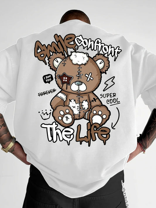 Summer new men's fashion style teddy bear letter print comfortable and breathable round neck T-shirt outdoor high street top