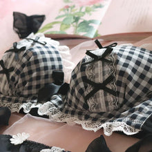 Wriufred girl underwear soft sexy cute black plaid lingerie underpants suit steel ring bra panty set push up women bra