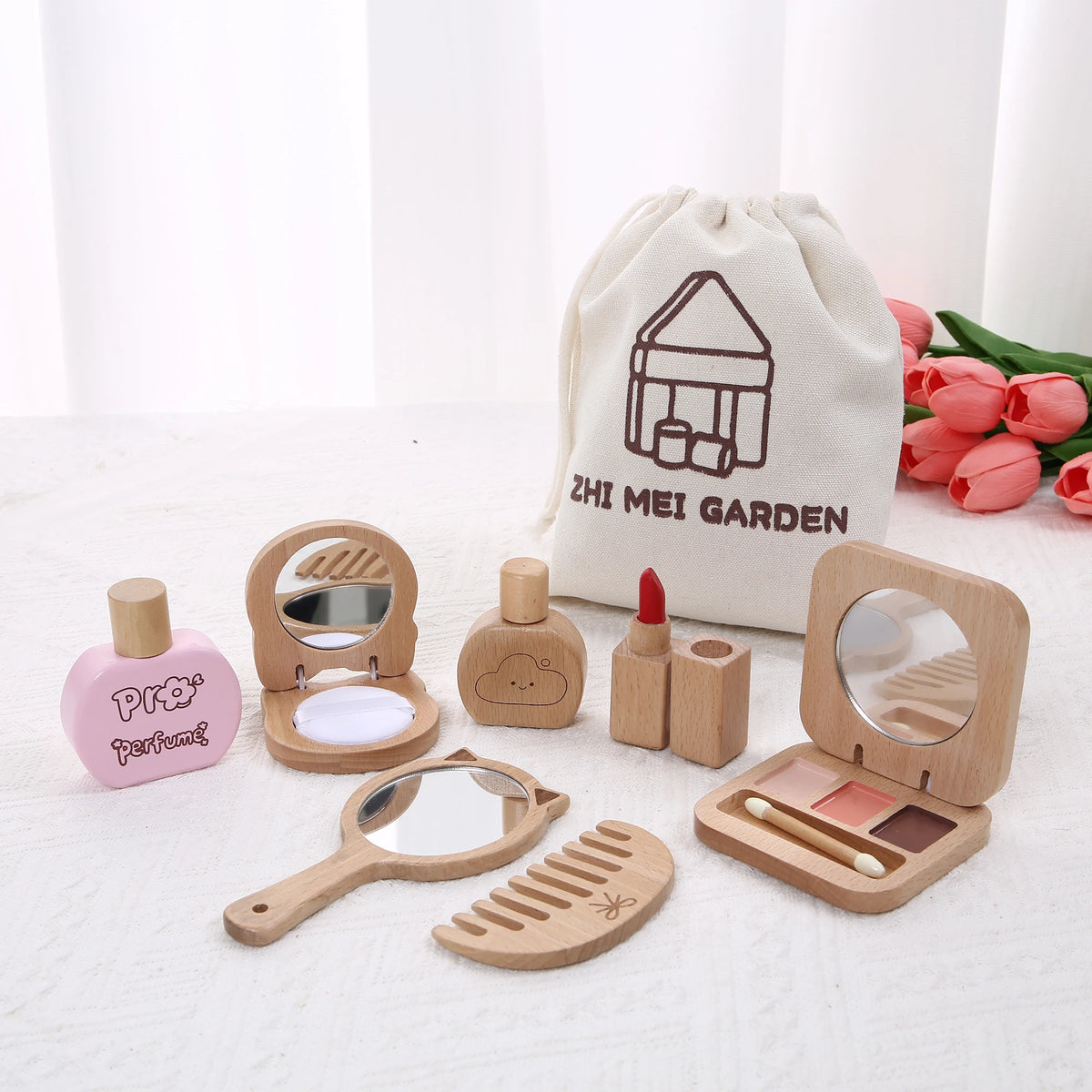 Kids' Pretend Makeup Toy Wooden Role‑play Dress‑up Vanity Gift Makeup Bag Set for Girls