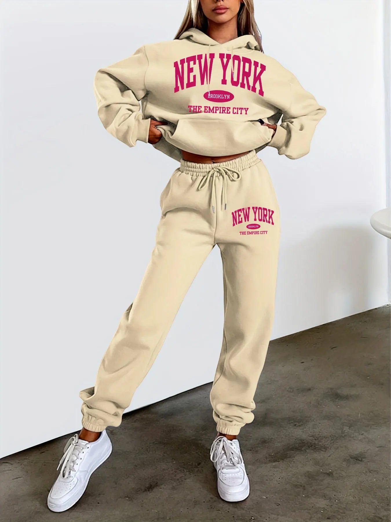 New York Print Two piece Set Casual Kangaroo Women's Casual Fashion Round Neck Sweatshirt, Solid Color Long Sleeves Sweatshirt,