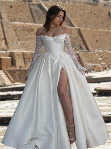 SWEMILE Customized Off Shoulder Long Appliques Sleeves Satin A-Line Wedding Elegant Lace-up Back Floor Length Side Slit Gown
