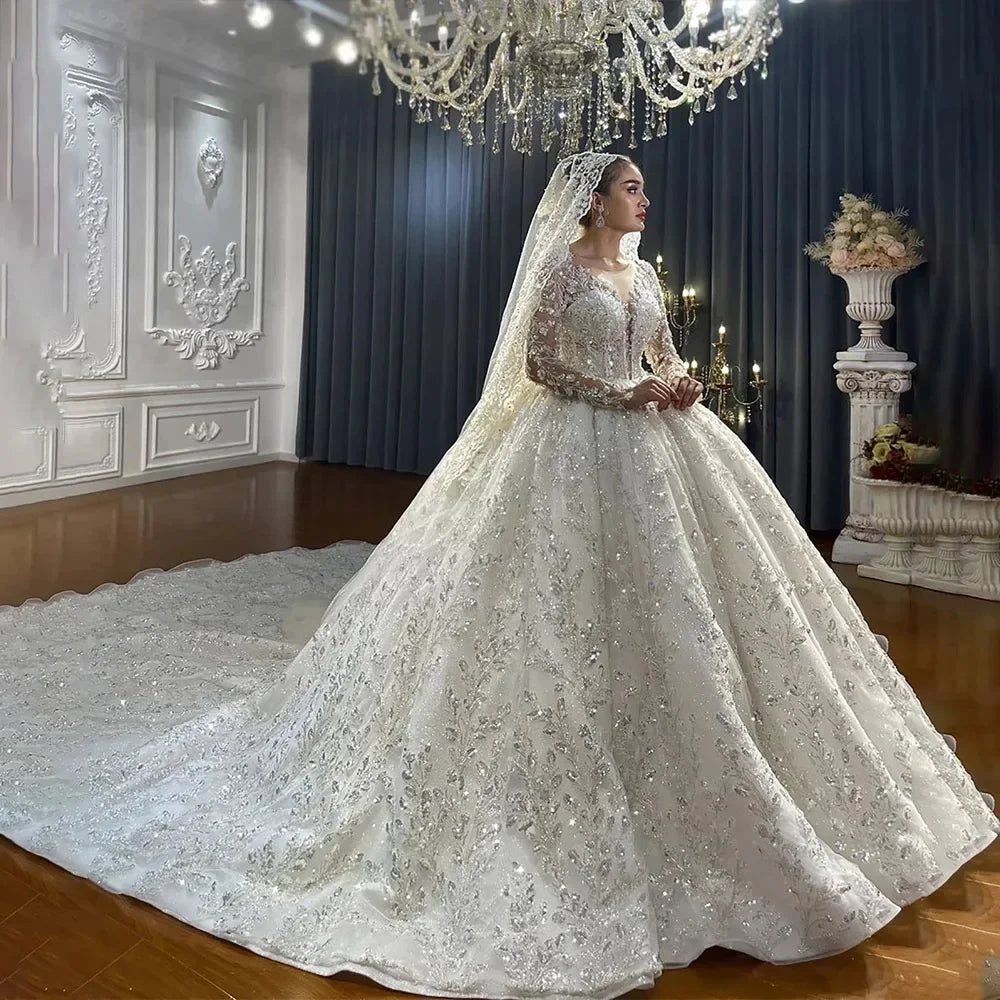 Customzied Gorgeous Long Sleeves Wedding Dress For Women Sequins Appliques Bridal Gown O-Neck Bridal dress Vestido De Novia