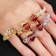 SUNSLL Classic Cubic Zircon Red Sacred Heart Rings For Women Girls Angel's Wings Gold Plated Wedding Party Jewelry Gifts