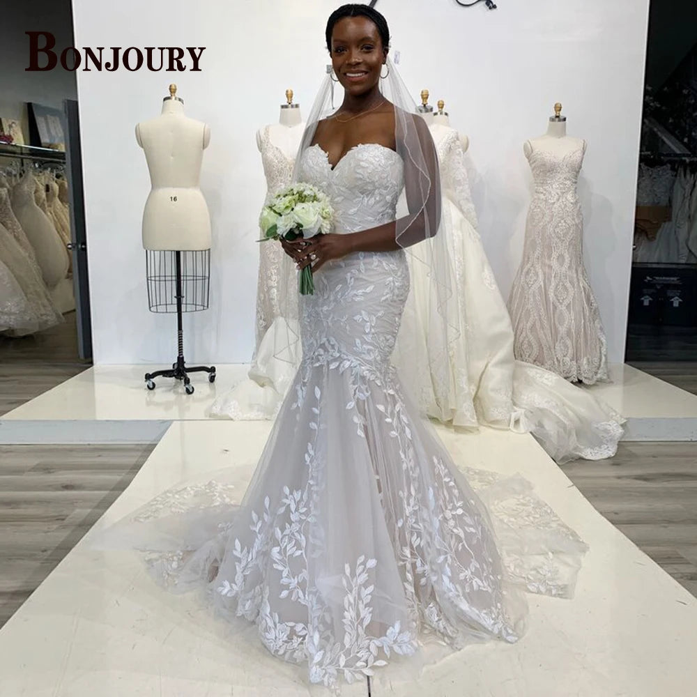 BONJOURY Simple V-neckline Wedding Dress for Woman Bride Satin Pockets Chapel Train Button Vestido De Casamento Drop Shipping
