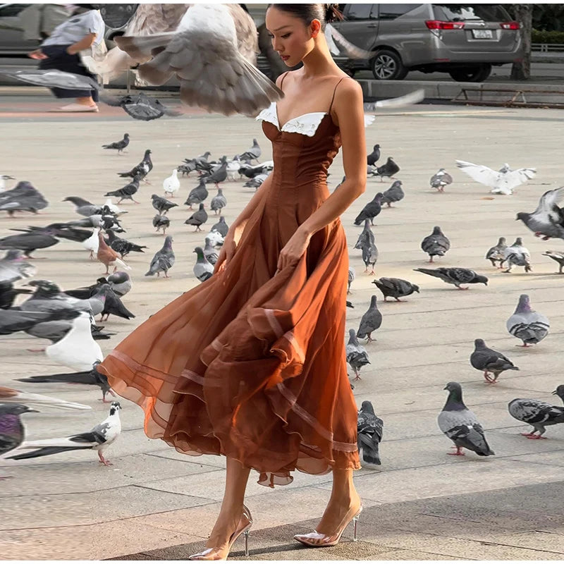Spaghetti Strap Chiffon Lace Trim Flared Dress Sleeveless Waist Cinched 2026 Summer Formal Women Gown Chic Causal Lady Vestido