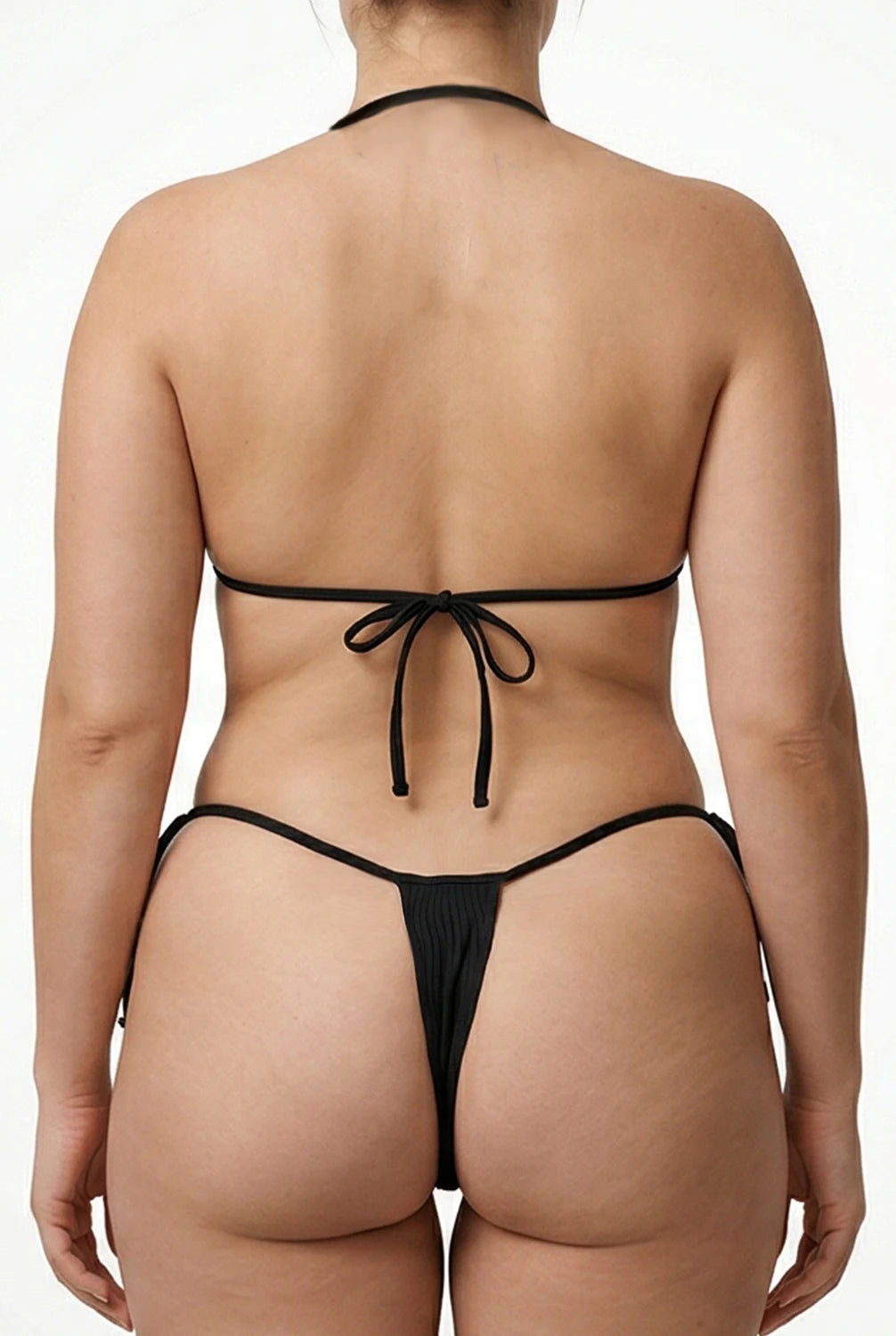 Plus Size Halter Bikini Set Black Ribbed Two Piece Swimsuit