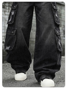 LIYS Men Retro Black Wash Multi Pocket Cargo Jeans Ripped Baggy Wide Leg Y2K Streetwear Denim Pants Tactical Loose Trousers