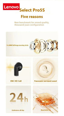 Lenovo Mini Pro 5s Earphones Wireless Bluetooth Earbuds Long-Last Noise Cancellation Headphones Extended Battery Life With Mic