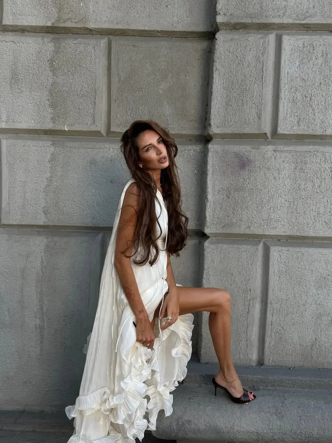 Women Solid Cloak Long Dresses Fashion Stand Neck Lace Sleeveless Ruffle Irregular Hem Dress 2025 New Summer Street Lady Gown