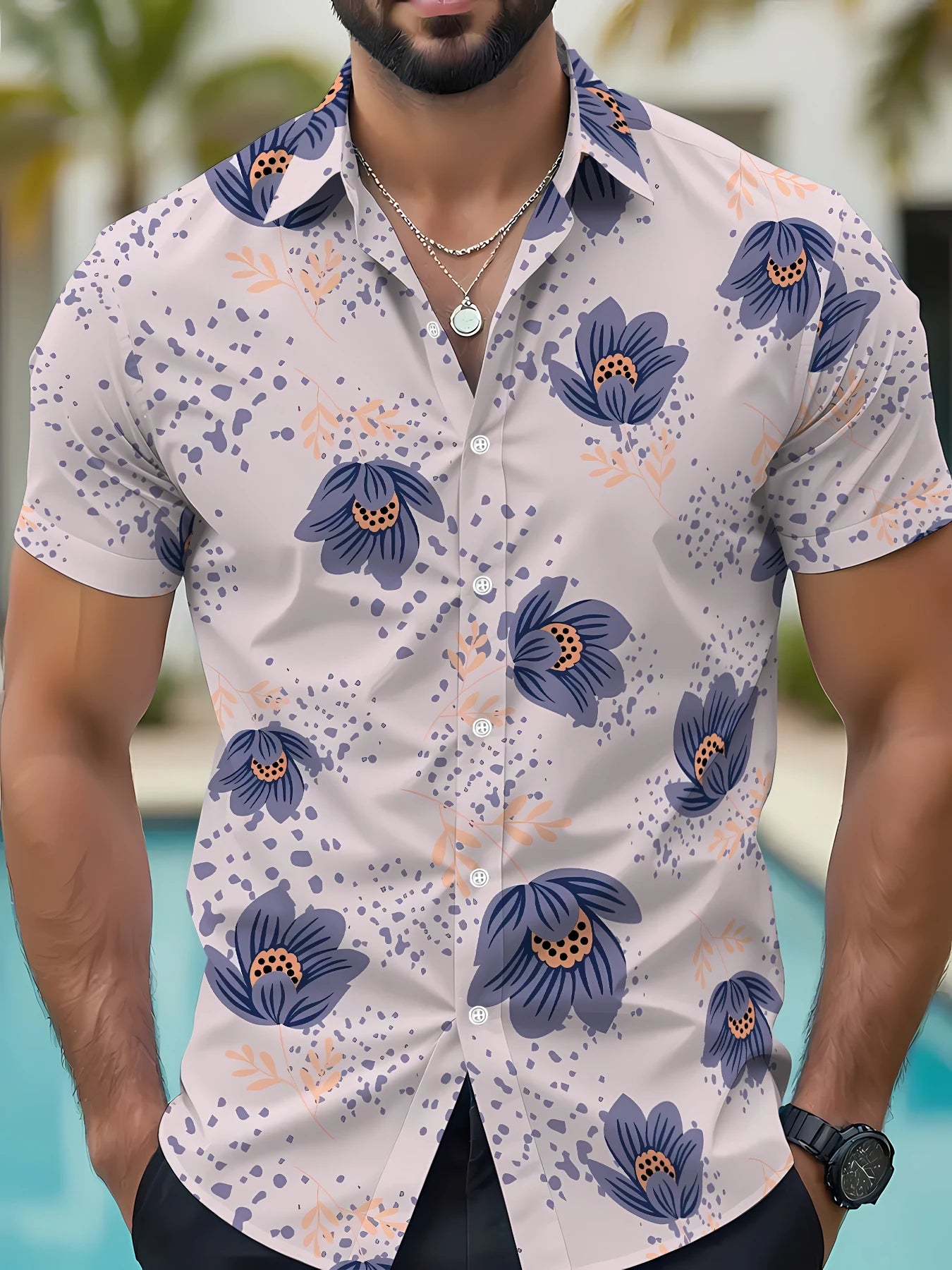 2026 Summer New Style Men's Short-Sleeved Shirt with 3D Flower Pattern Print Street Casual Fashion Comfortable and Soft