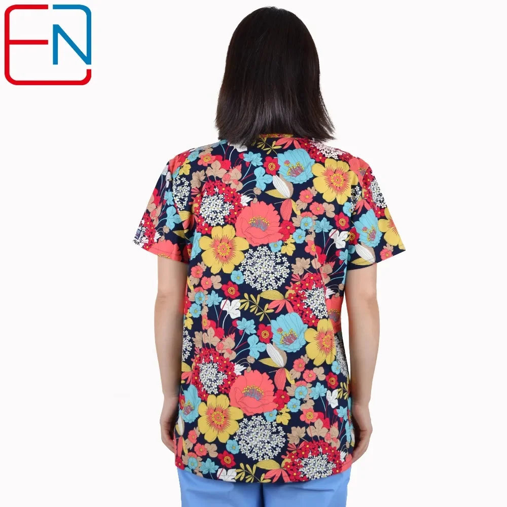 Hennar Print Vet Scrub Uniform For Women In 100% Cotton 4 pockets,XXS-5XL Pet Doctors Medical Scrub Tops