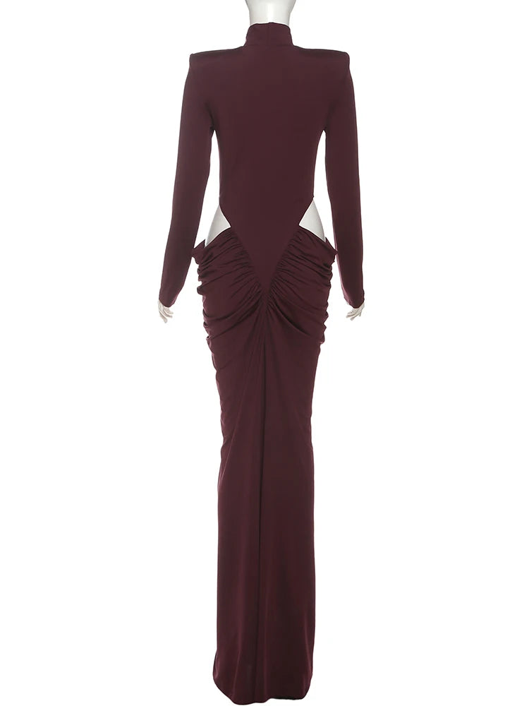 Nibber Hipster Waistless Ruched Elegant Dress Woman Autumn Style Turtleneck Full Sleeve Hollow Design Prom Party Long Bodycon