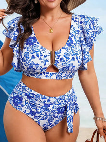 VigoBreviya 2026 Sexy Ruffle 2 Piece Plus Size Bikini Women Blue Print Curvy Swimsuit High Waist Push Up Lady Big Bathing Suit