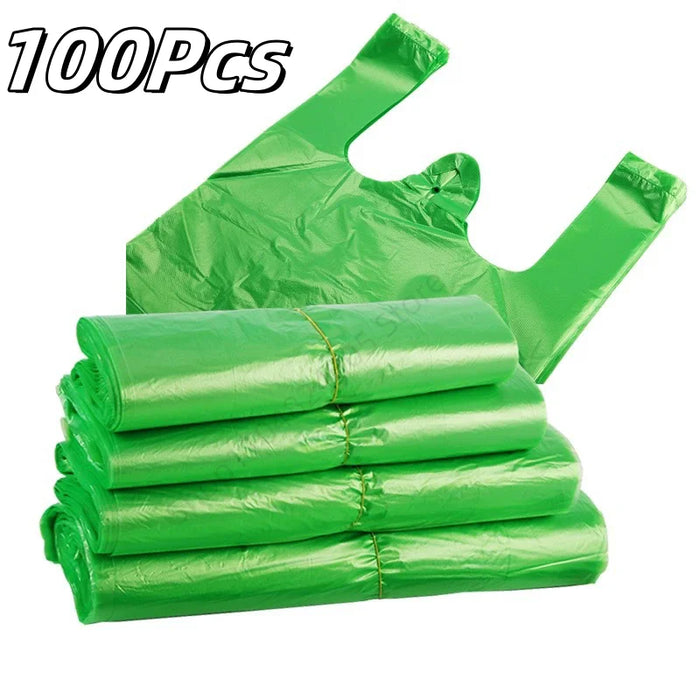 100Pcs Green Plastic Bag Disposable Vest Bag with Handle Kitchen Living Room Clean Food Packaging Supermarket Shopping Bag