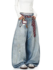 Women's Distressed Denim Wide Leg Jeans Y2K Grunge Style Tie & Pearl Chain Printing High Waist Casual Streetwear Trousers