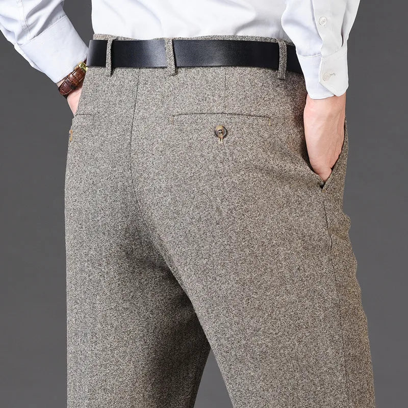 Flat Cashmere Suit Trouser For Male Loose Plaid Hight Waist Classic Straight Formal Mens Dress Pants Business Size 42 44