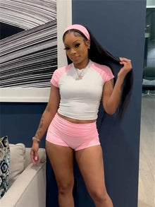 Weird  Puss Sporty Patchwork 3 Piece Set Women Casual Summer Headband+Crop Top+High Waist Bike Shorts Street Matching Tracksuit
