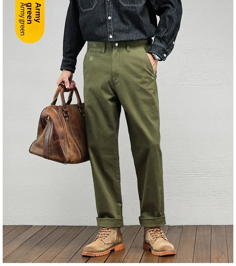 Men's Casual Cotton Pants Autumn Winter Loose Straight Leg High Elastici Bussiness Mid Waist American Retro Workwear Trousers