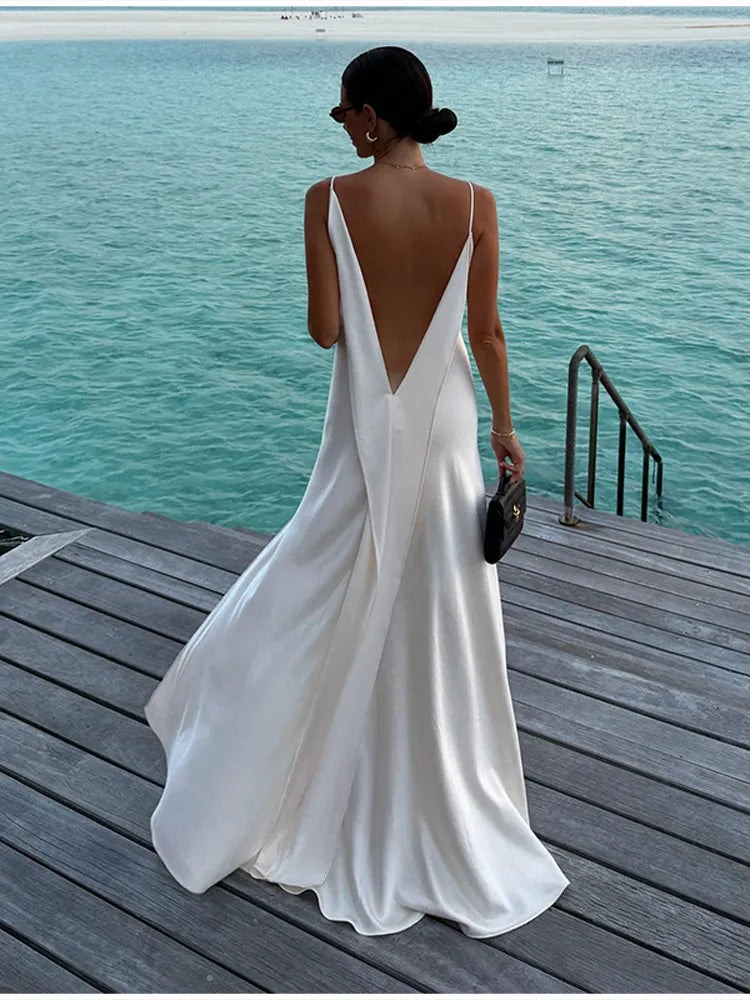 Luxury White Satin Backless Veatido Women Sexy Spaghetti Strap V-neck High Split Midi Dress Vacation Evening Party Beach Outfits