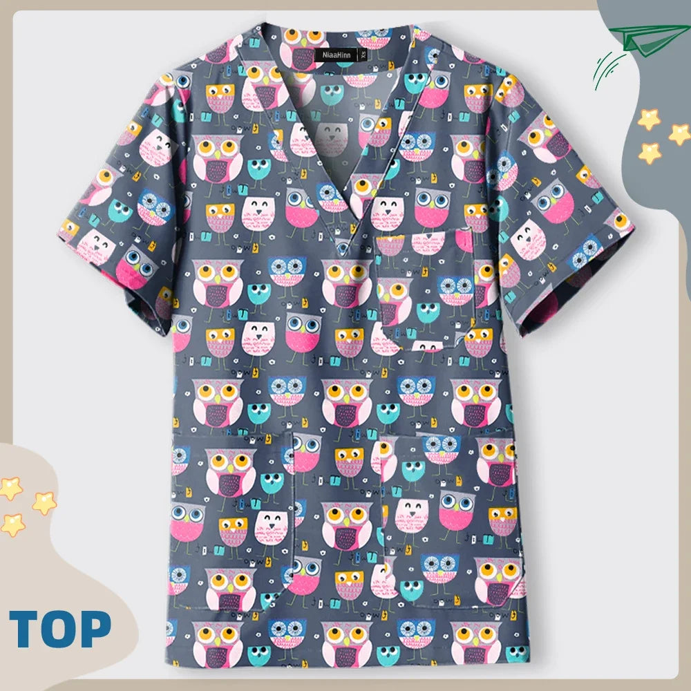 Print Dogs/Cats/Rabbit Scrub Tops Women Men Medical Scrub Shirts Pet Shop Vet Workwear Doctor Nurse Uniform Dentist Overalls Cap
