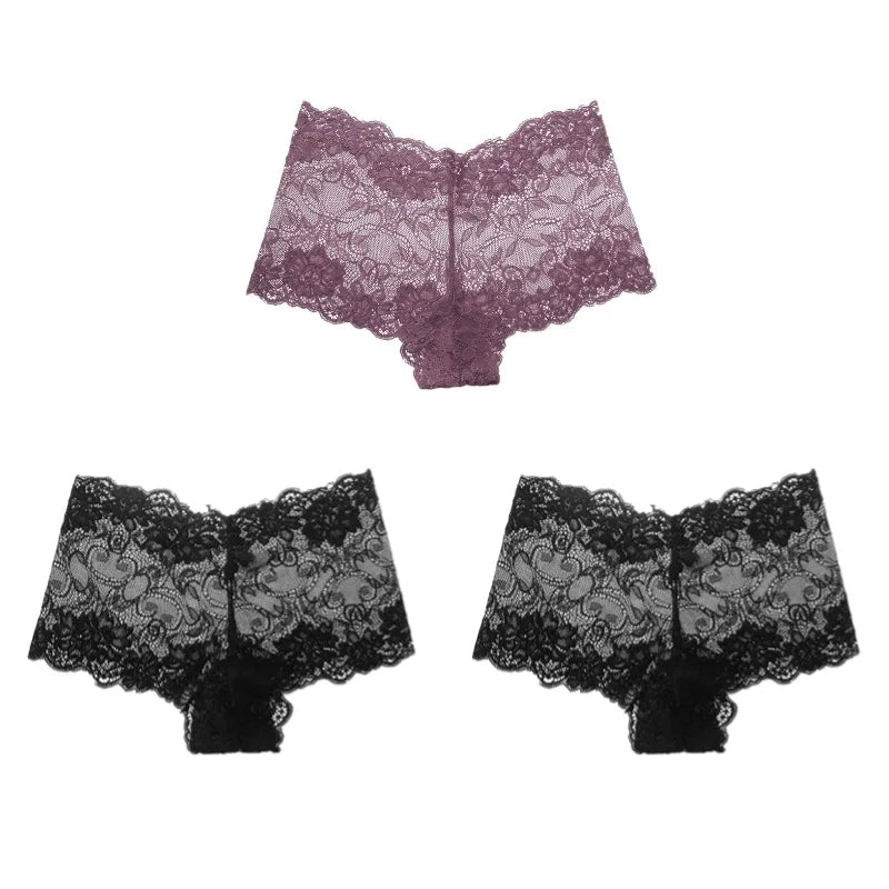 BZEL 3PCS Fashion Women's Panties Sweet Lace Female Boxers Hollow Out Sexy Lingerie Charming Underwear Soft Breathable Boyshorts