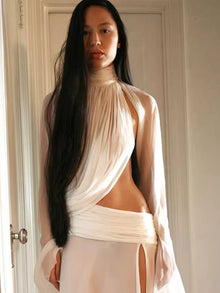 Nibber Elegant 2-Piece Set Women Sexy See Through Turtleneck Irregular Crop Top+Skirts Matching Clubwear Matching Split Suit