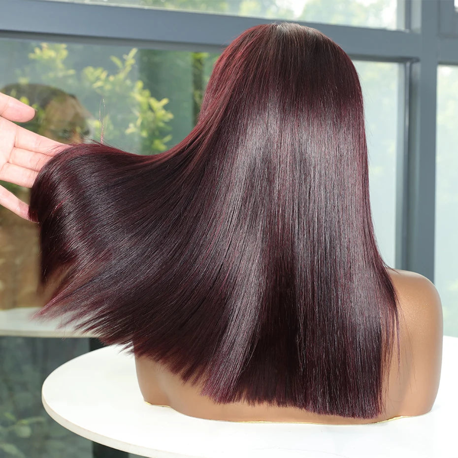 13x6 13x4 Frontal Bob 100%Human Hair Lace Front Wig Dark 99J Burgundy Square Cut Raw Vietnamese Bone Straight 250% Pre Plucked